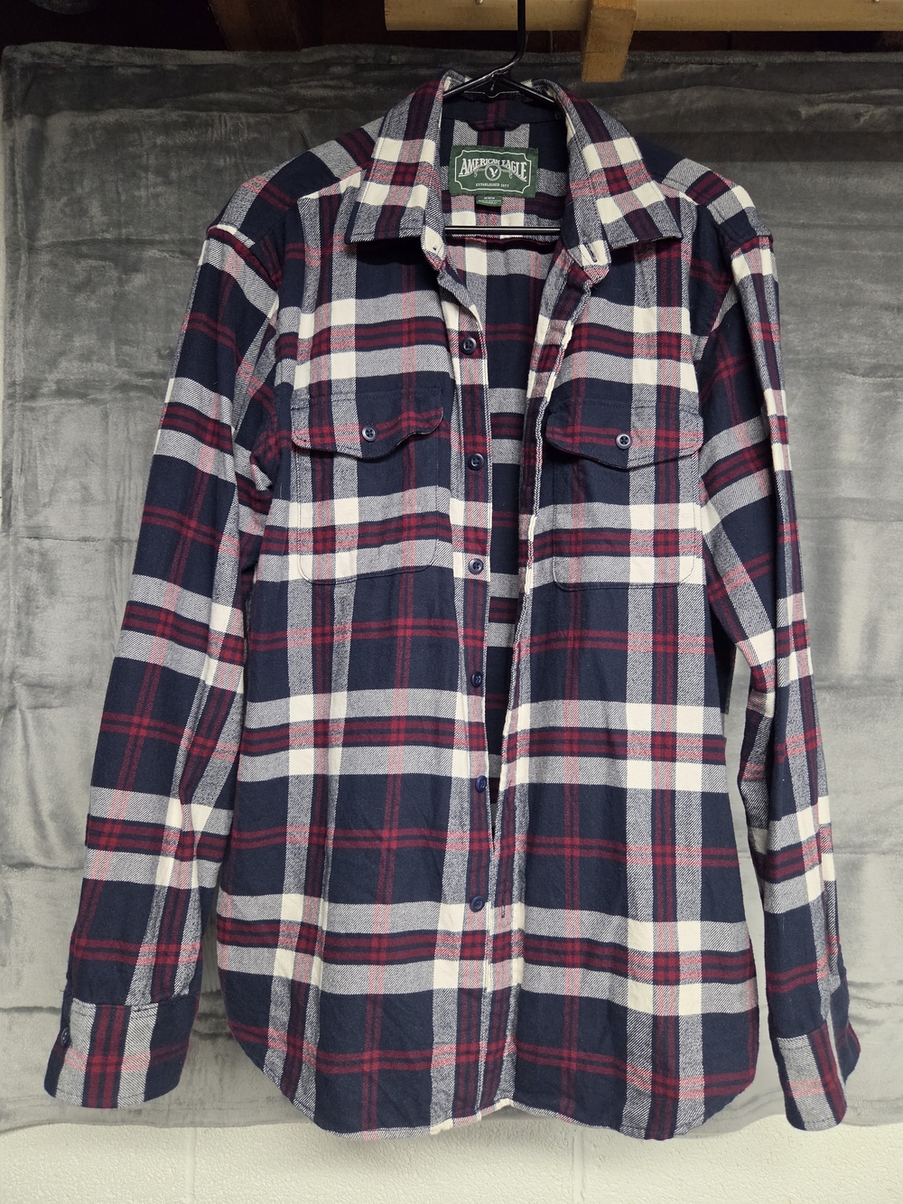 American Eagle Outfitters Navy, Red/Burgundy and White Plaid Shirt